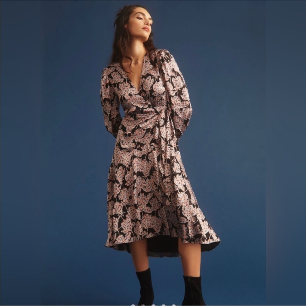 ANTHROPOLOGIE Caballero Pink & Black Motif Floral Wrap Long Sleeve Dress medium